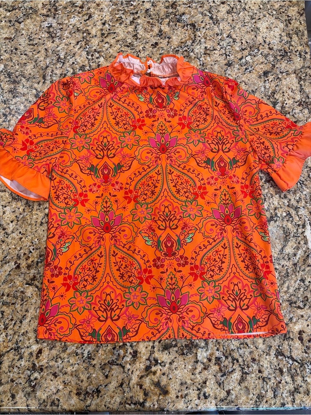 Vibrant Orange Floral Paisley Short-Sleeve Blouse